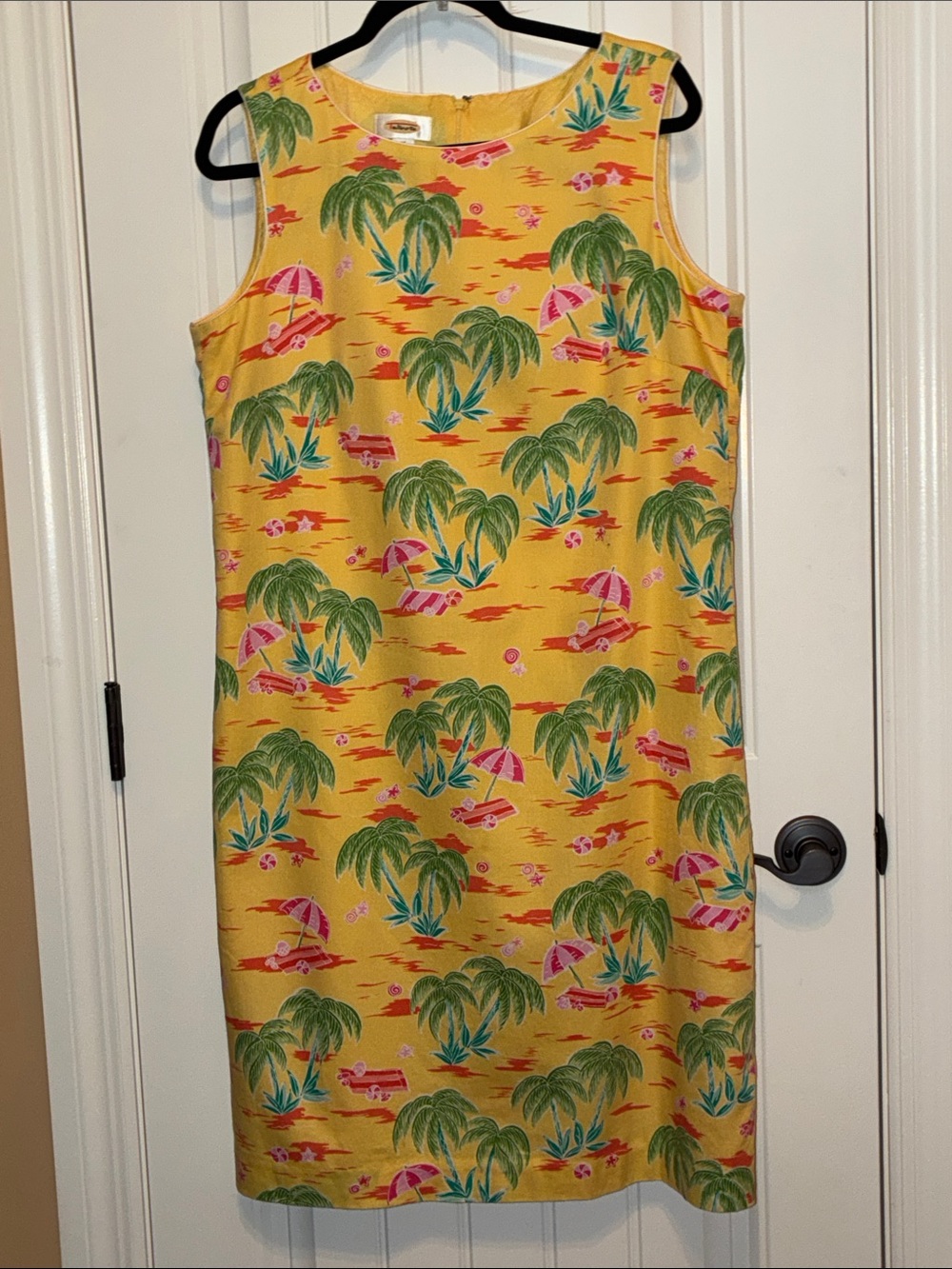 Talbots 16 Sleeveless A-line Yellow Tropical Palm Print Dress with Pink Accents